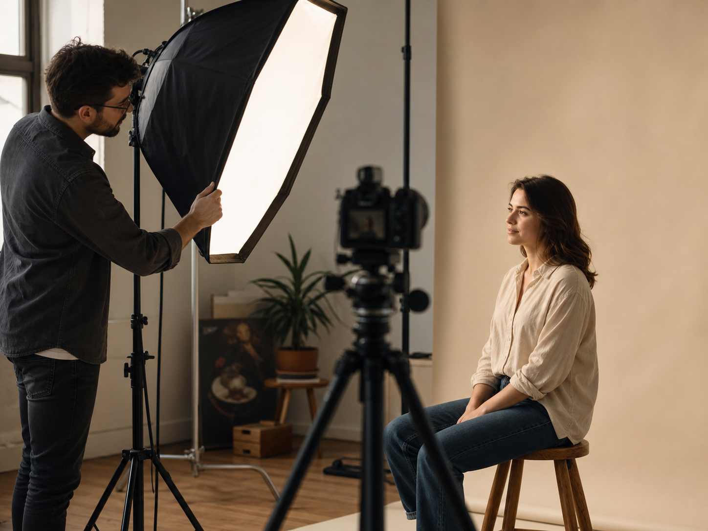 Sessione di ritratto fotografico in studio con luce naturale da finestra